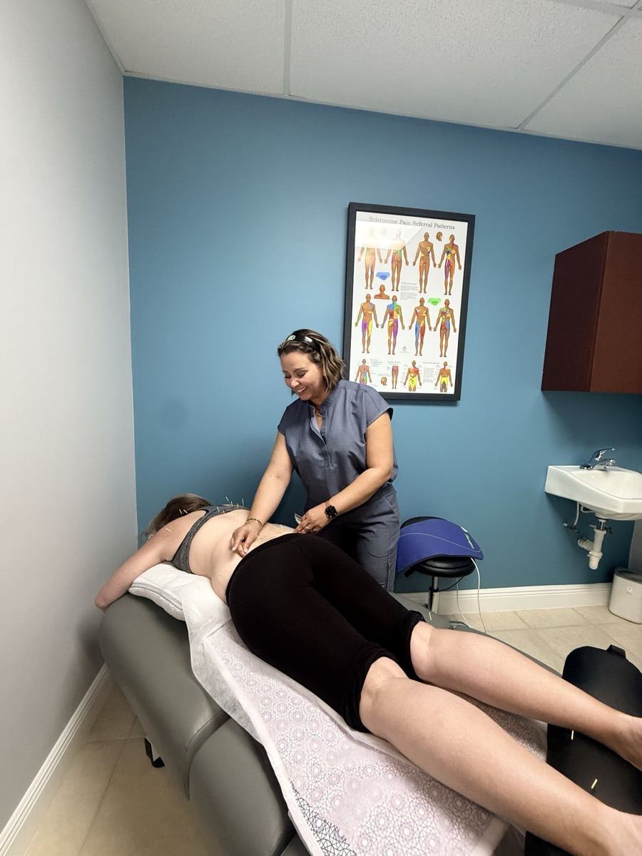Treatment room with the sclerotome pain referral chart on the wall