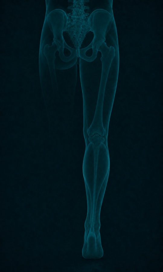 Translucent view of the pelvis and one leg from behind, a lit path running from the lower spine down the back of the leg to the heel.