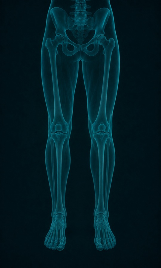 Translucent view of the pelvis and both legs from the front, one hip joint and both knee joints lit up.