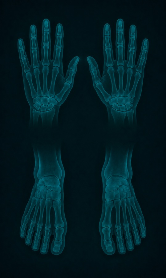 Translucent view of both hands and both feet, the fingertips and toes lit up.