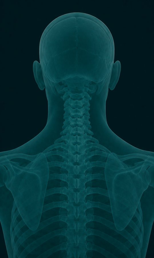 Translucent view of the head, neck and shoulders from behind, the back of the head and both temples lit up.