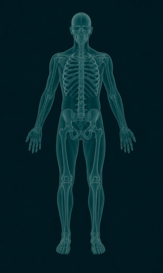 Translucent view of the whole body from the front, both shoulders, hands, hips and knees lit up.